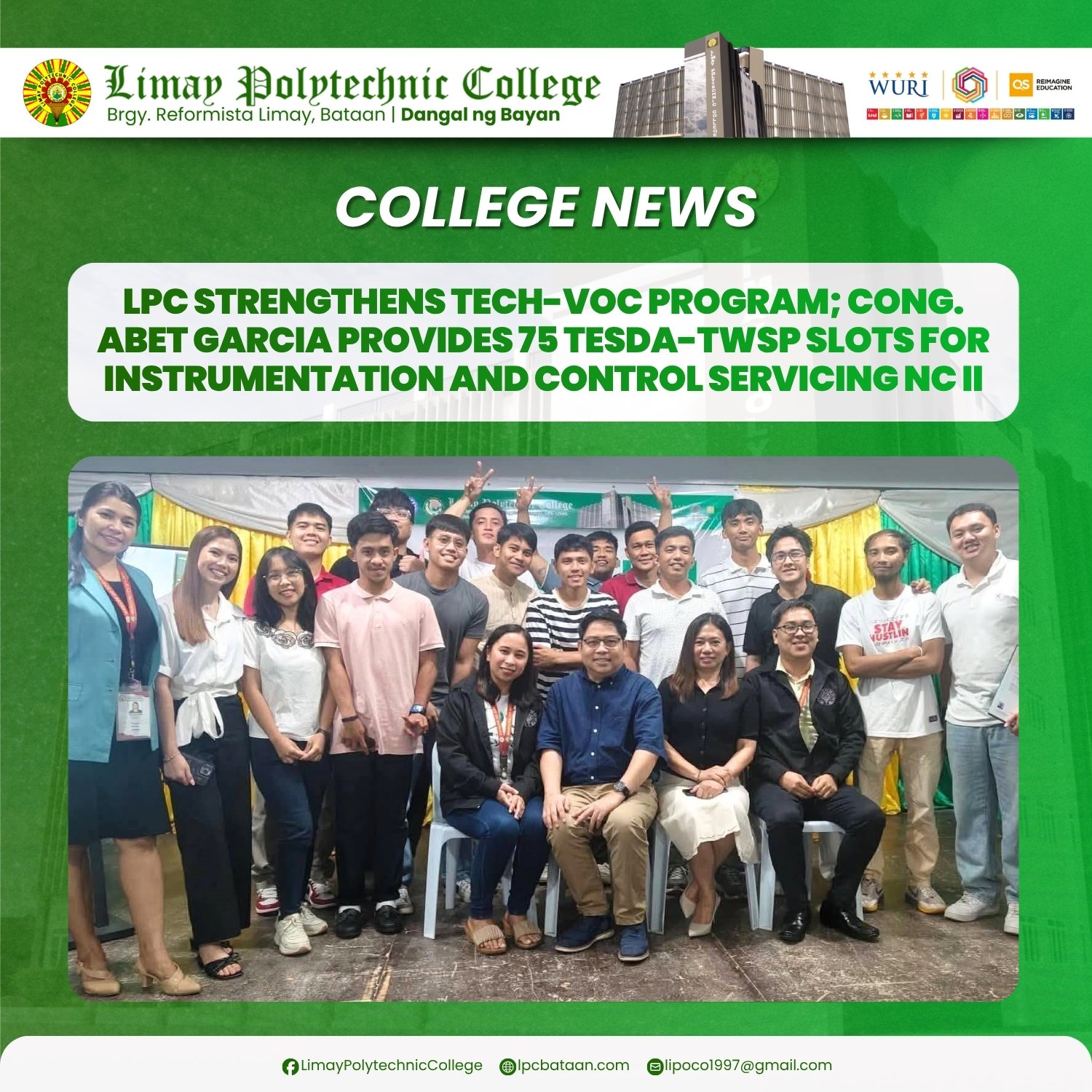 𝗖𝗢𝗟𝗟𝗘𝗚𝗘 𝗡𝗘𝗪𝗦 | LPC strengthens Tech-Voc Program; Cong. Abet Garcia provides 75 TESDA-TWSP Slots for Instrumentation and Control Servicing NC II