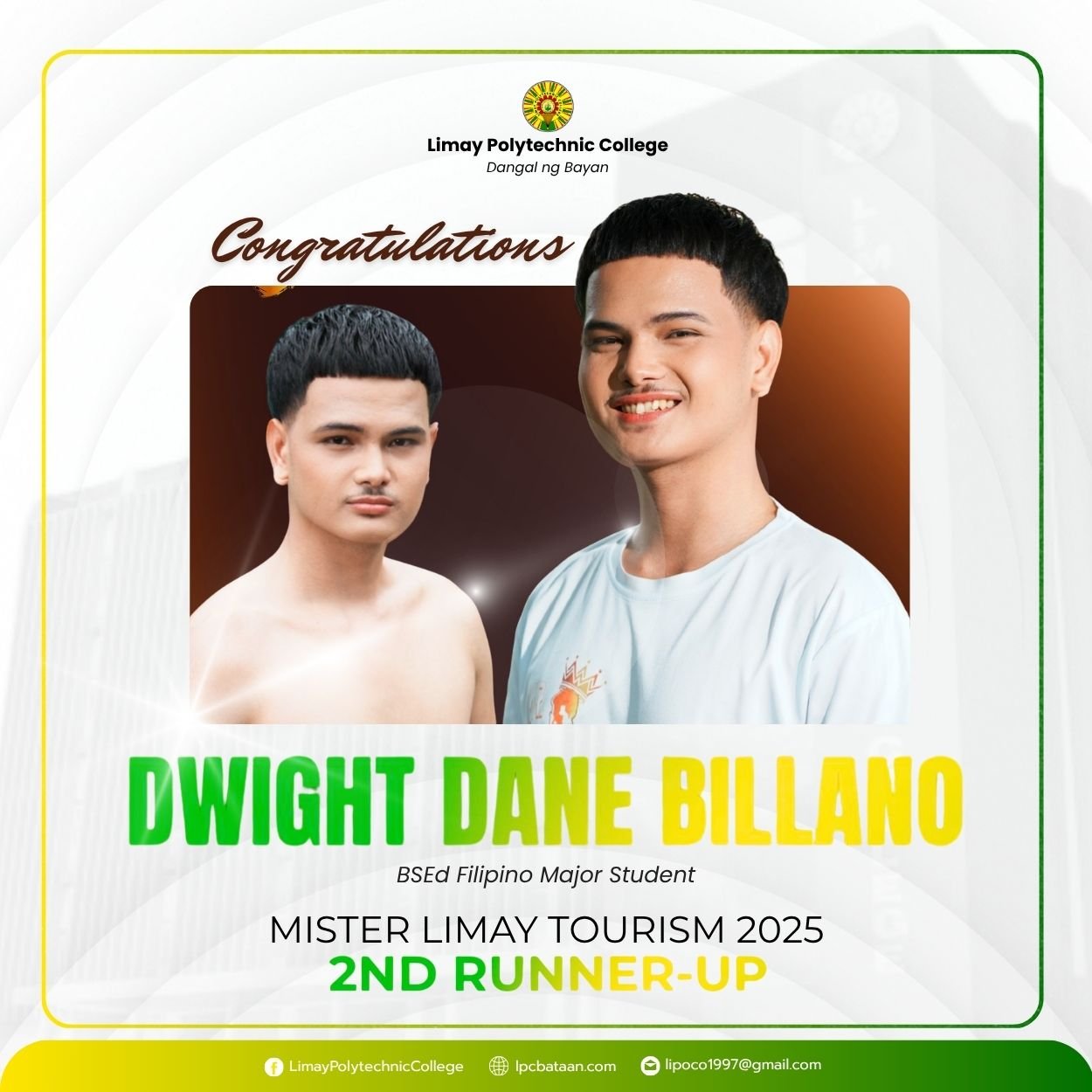 𝗖𝗢𝗟𝗟𝗘𝗚𝗘 𝗡𝗘𝗪𝗦 | LPCian student named Mr. Limay Tourism 2025 2nd Runner-Up
