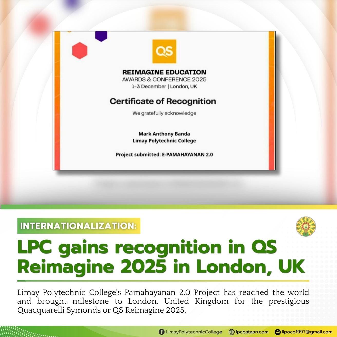 𝗜𝗡𝗧𝗘𝗥𝗡𝗔𝗧𝗜𝗢𝗡𝗔𝗟𝗜𝗭𝗔𝗧𝗜𝗢𝗡 | LPC gains recognition in QS Reimagine 2025 in London, UK