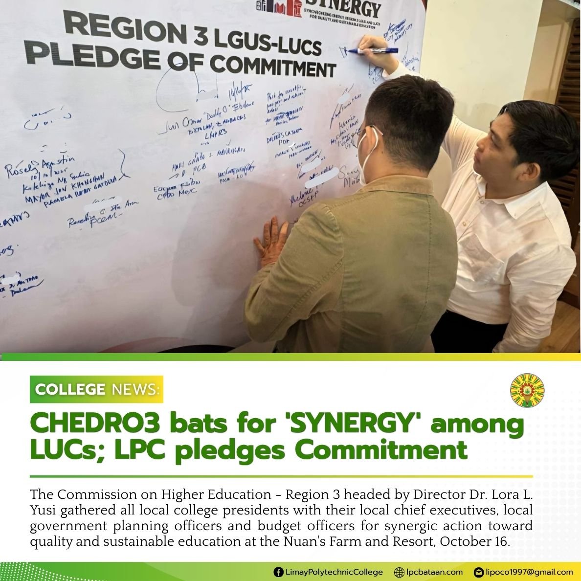 𝗖𝗢𝗟𝗟𝗘𝗚𝗘 𝗡𝗘𝗪𝗦 | CHEDRO3 bats for 'SYNERGY' among LUCs; LPC pledges Commitment
