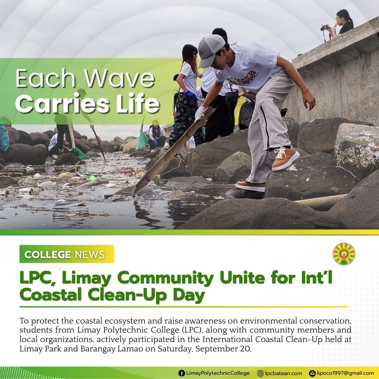 𝗖𝗢𝗟𝗟𝗘𝗚𝗘 𝗡𝗘𝗪𝗦 | LPC Students, Limay Community Unite for Int’l Coastal Clean-Up Drive