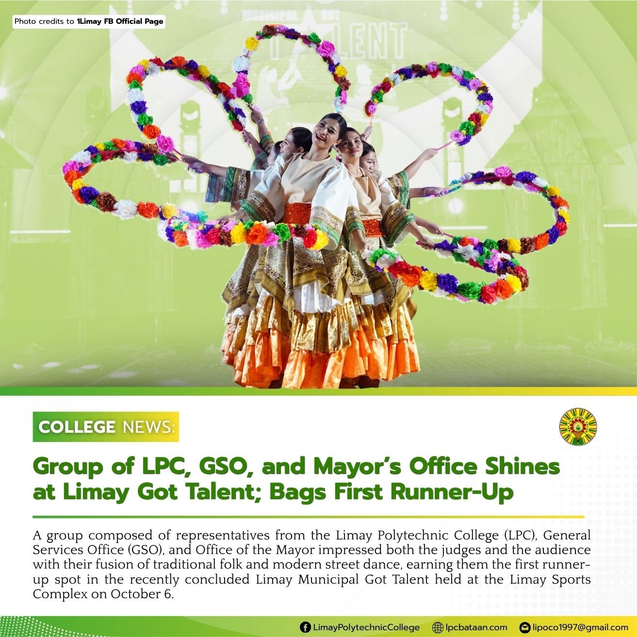 𝗖𝗢𝗟𝗟𝗘𝗚𝗘 𝗡𝗘𝗪𝗦 | Group of LPC, GSO, and Mayor’s Office Shines at Limay Got Talent; Bags First Runner-Up