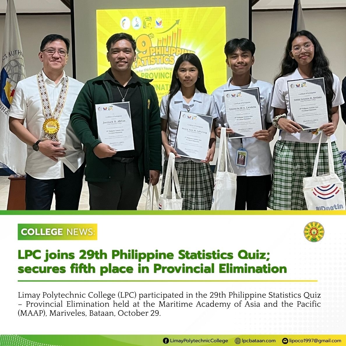 𝗖𝗢𝗟𝗟𝗘𝗚𝗘 𝗡𝗘𝗪𝗦 | LPC joins 29th Philippine Statistics Quiz; secures fifth place in Provincial Elimination