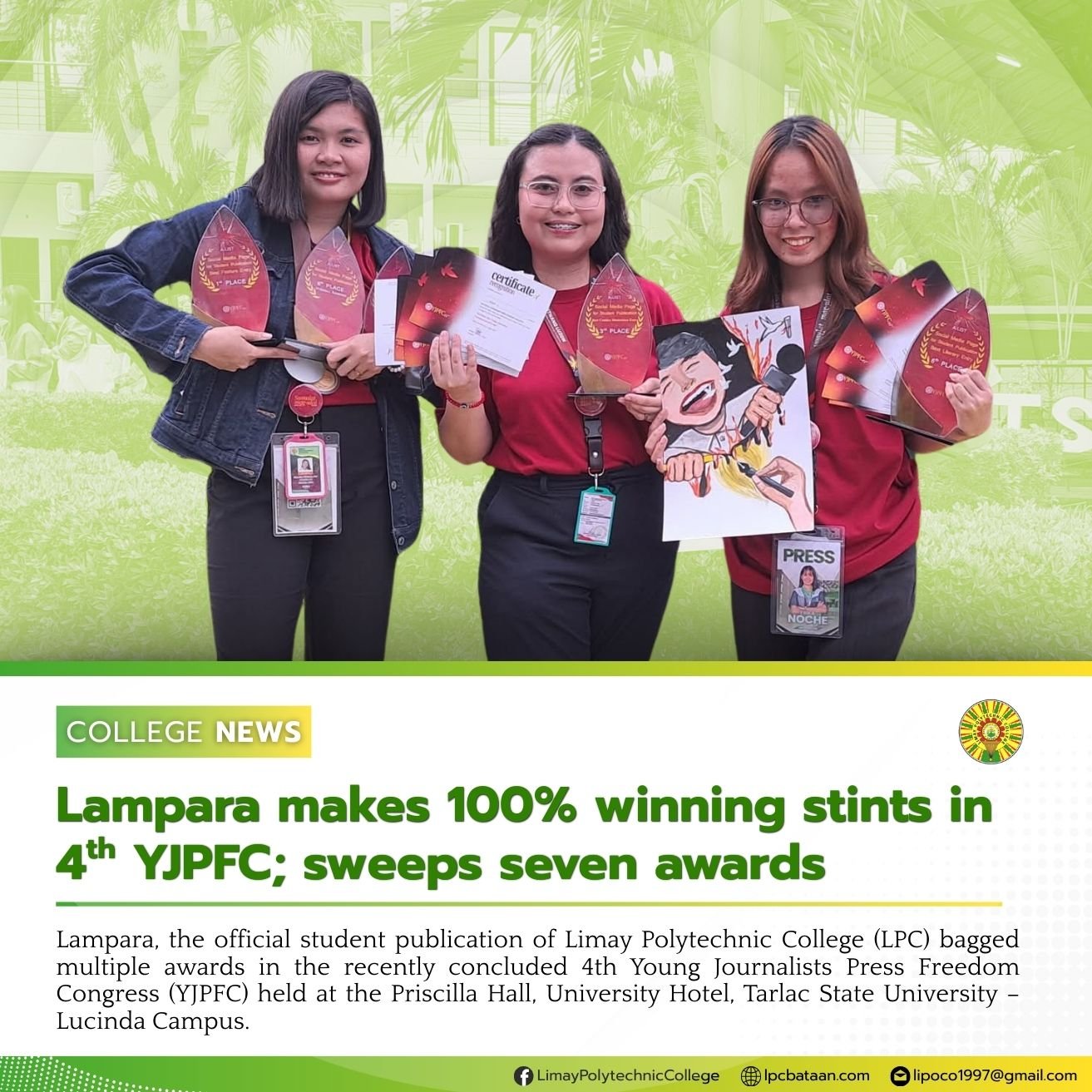 𝗖𝗢𝗟𝗟𝗘𝗚𝗘 𝗡𝗘𝗪𝗦 | Lampara makes 100% winning stints in 4th YJPFC; sweeps seven awards