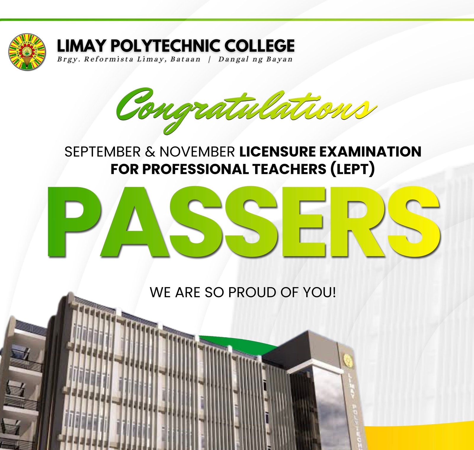 𝗖𝗢𝗟𝗟𝗘𝗚𝗘 𝗡𝗘𝗪𝗦 | LPC Congratulates Sept-Nov LEPT Passers