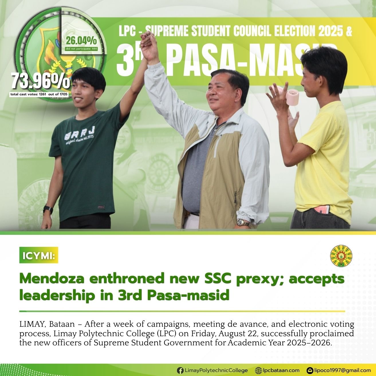 𝗖𝗢𝗟𝗟𝗘𝗚𝗘 𝗡𝗘𝗪𝗦 | Mendoza enthrones as new SSC prexy; accepts leadership in 3rd Pasa-masid