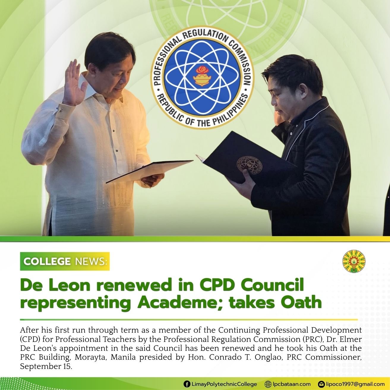 𝗖𝗢𝗟𝗟𝗘𝗚𝗘 𝗡𝗘𝗪𝗦 | De Leon renewed in CPD Council representing Academe; takes Oath