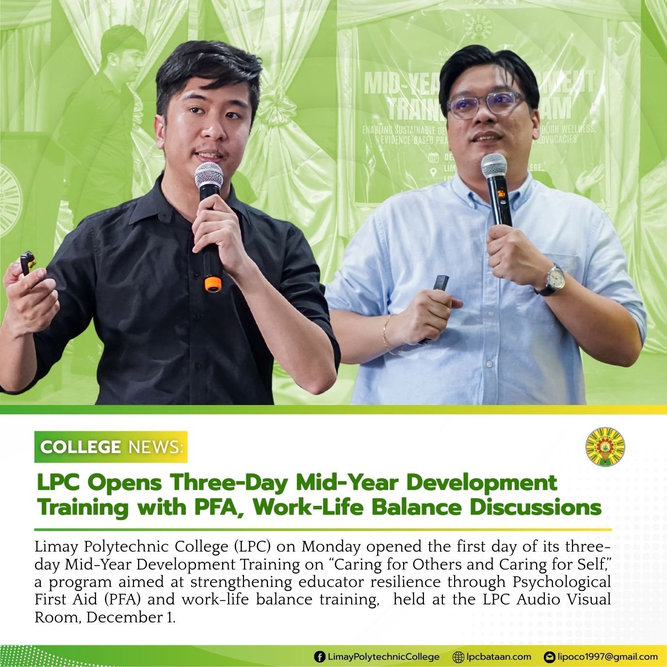 𝗖𝗢𝗟𝗟𝗘𝗚𝗘 𝗡𝗘𝗪𝗦 | LPC Opens Three-Day Mid-Year Development Training with PFA, Work-Life Balance Discussions