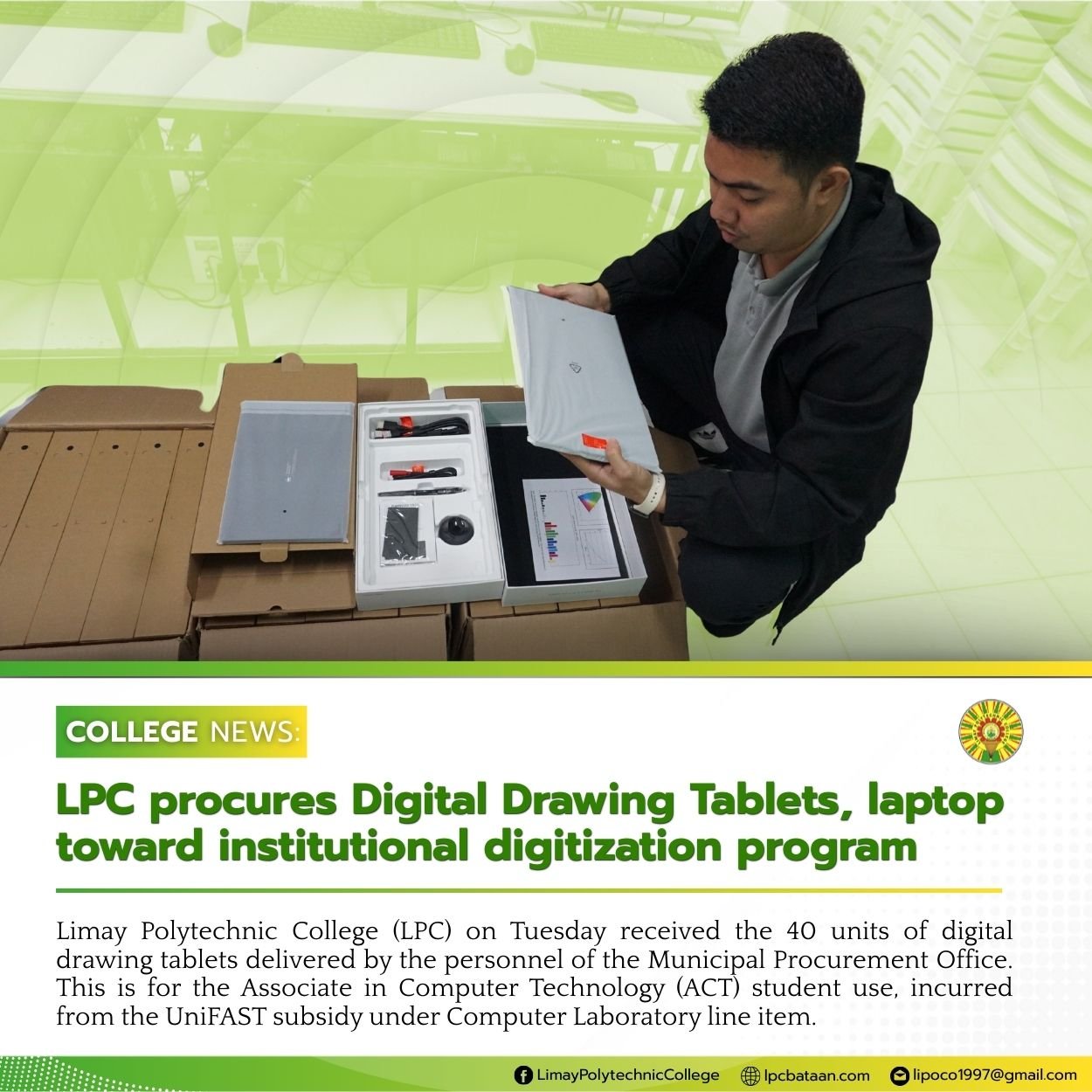 𝗖𝗢𝗟𝗟𝗘𝗚𝗘 𝗡𝗘𝗪𝗦 | LPC procures Digital Drawing Tablets, laptop toward institutional digitization program