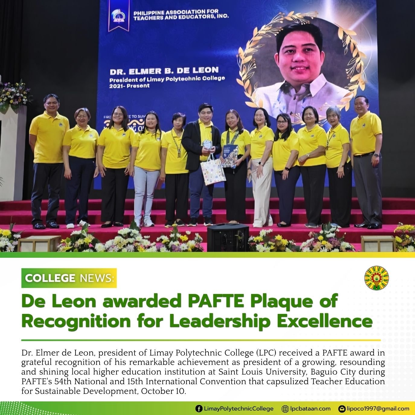 𝗖𝗢𝗟𝗟𝗘𝗚𝗘 𝗡𝗘𝗪𝗦 | De Leon awarded PAFTE Plaque of Recognition for Leadership Excellence