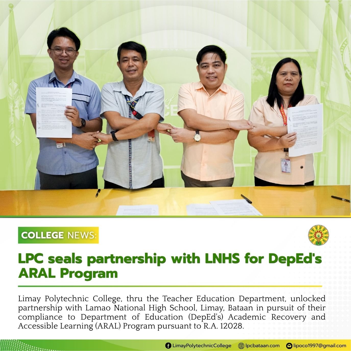 𝗖𝗢𝗟𝗟𝗘𝗚𝗘 𝗡𝗘𝗪𝗦 | LPC seals partnership with LNHS for DepEd's ARAL Program