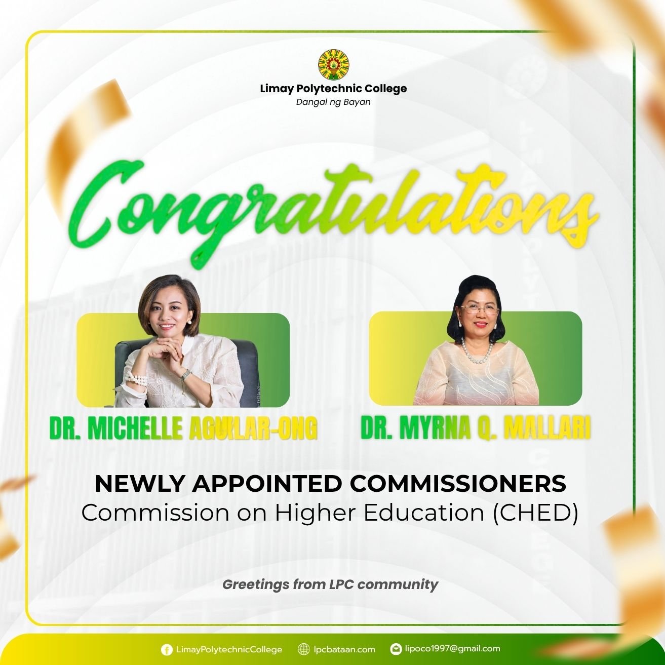 𝗚𝗥𝗘𝗘𝗧𝗜𝗡𝗚𝗦 | LPC Congratulates Newly Appointed CHED Commissioners