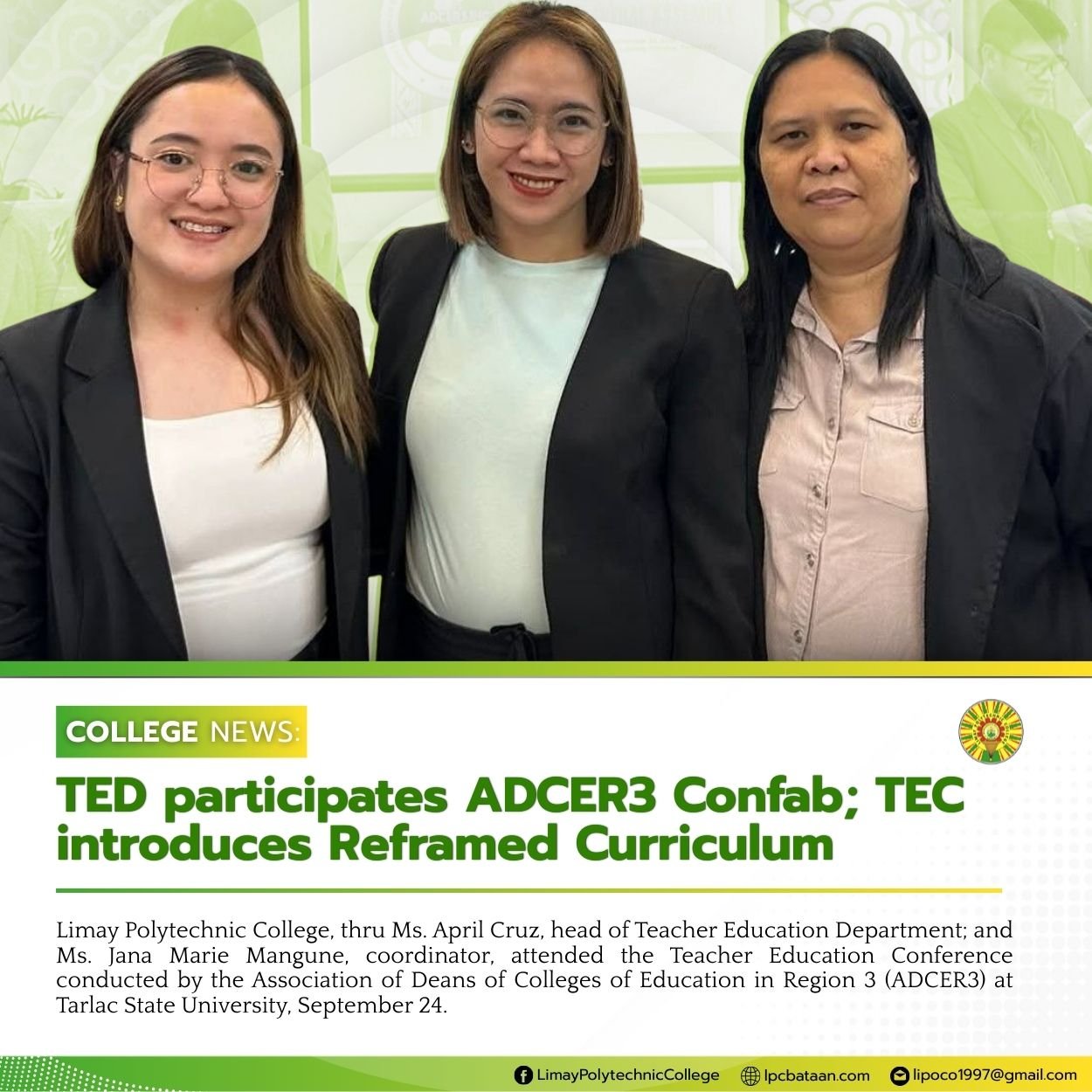 𝗖𝗢𝗟𝗟𝗘𝗚𝗘 𝗡𝗘𝗪𝗦 | TED participates ADCER3 Confab; TEC introduces Reframed Curriculum