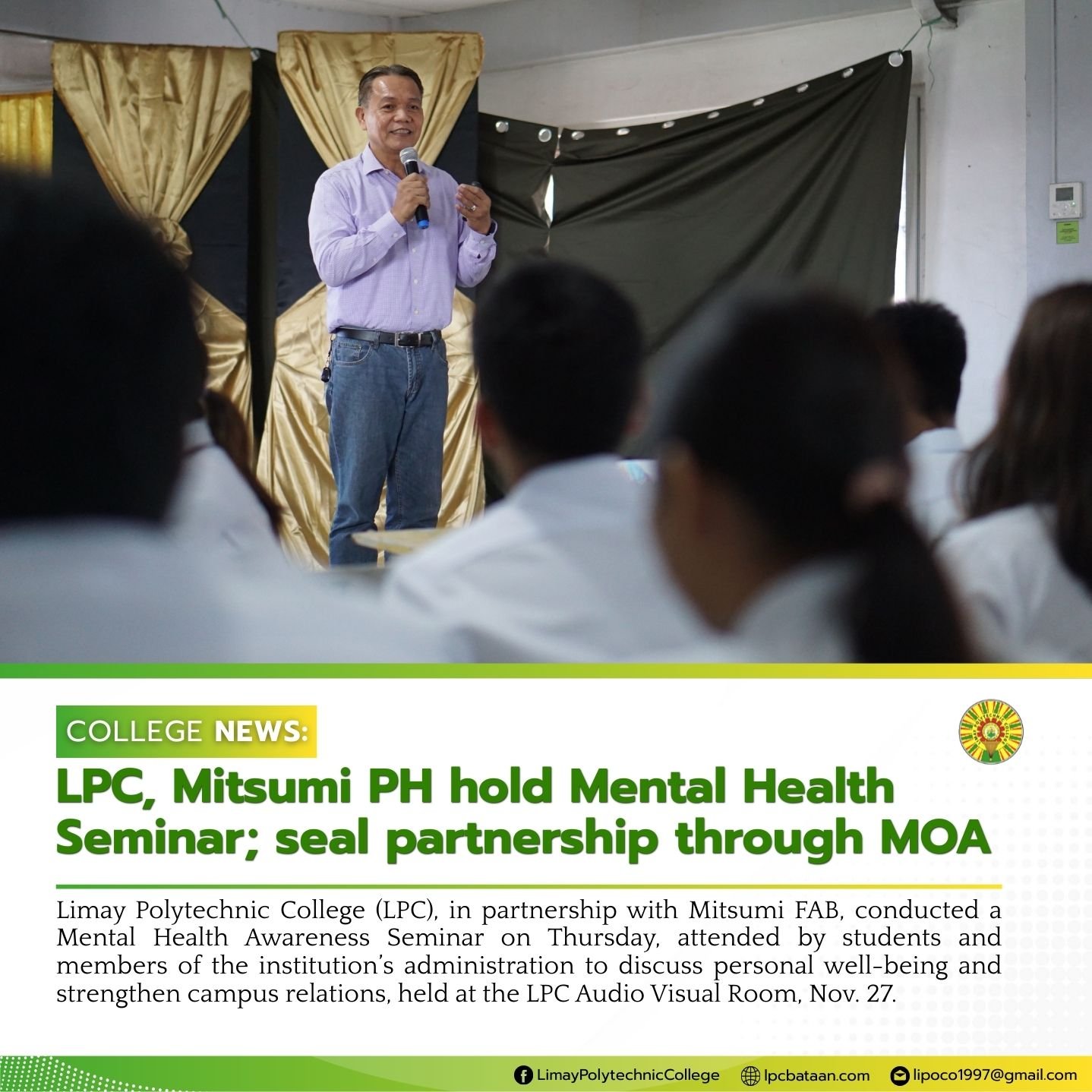 𝗖𝗢𝗟𝗟𝗘𝗚𝗘 𝗡𝗘𝗪𝗦 | LPC, Mitsumi PH hold Mental Health Seminar; seal partnership through MOA